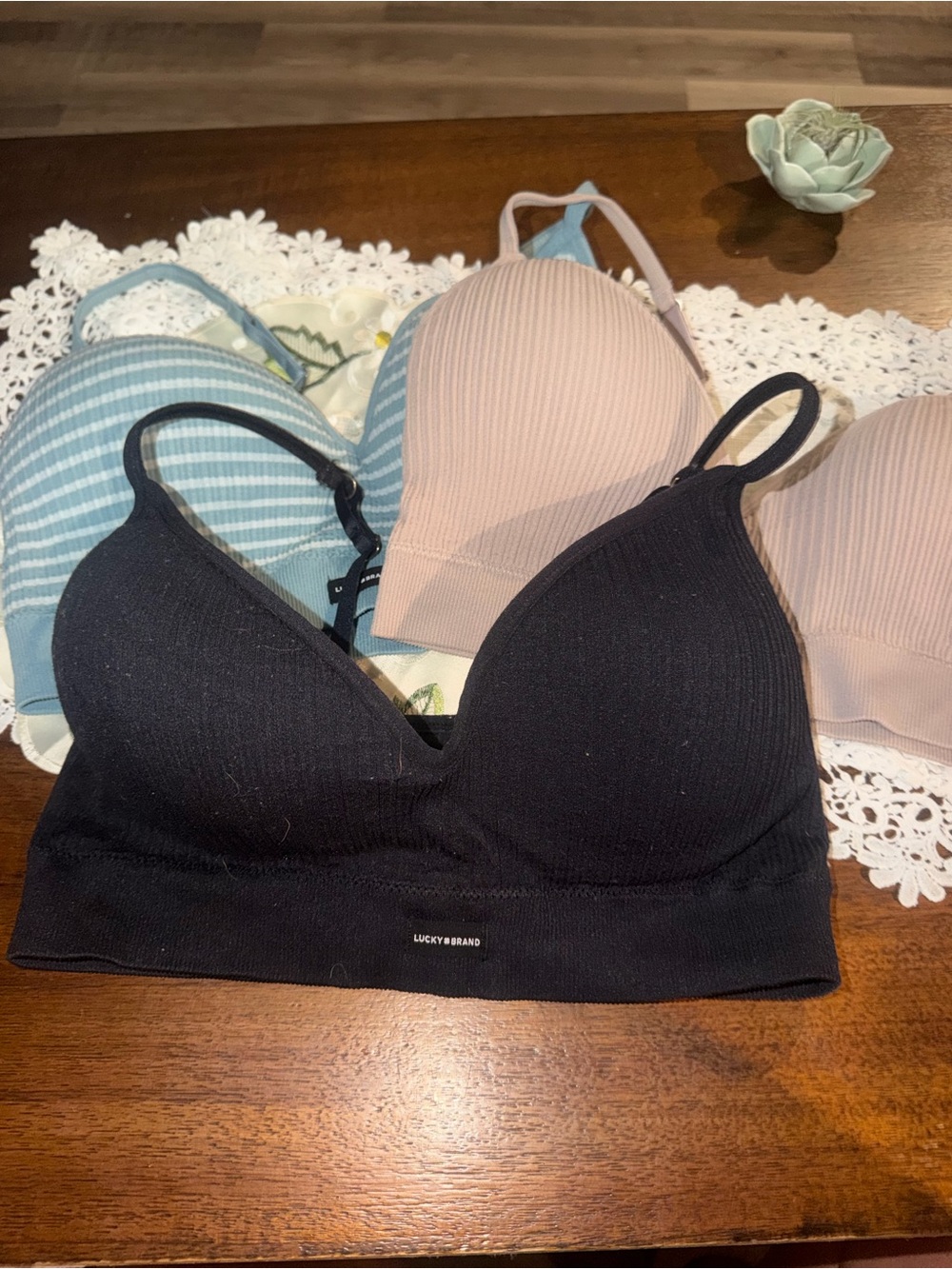 Lucky Brand Black Ribbed Seamless Bralette with Pink and Blue Sets